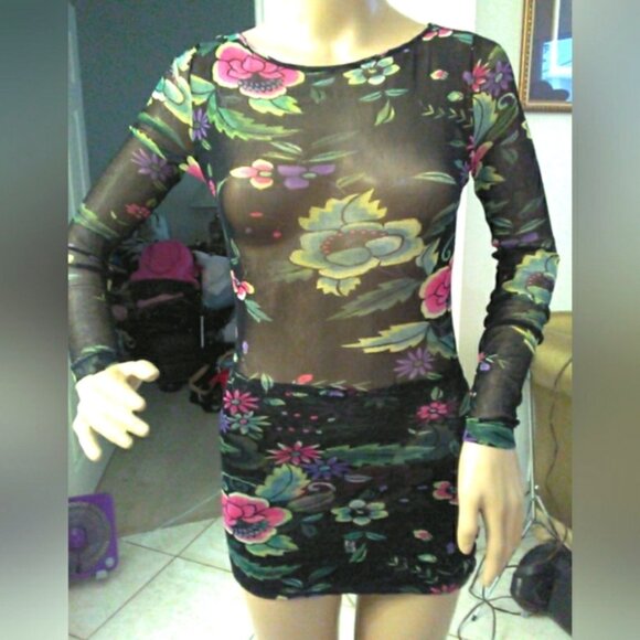 NWT Cache Sheer Black Floral Long Sleeve Dress BODYCON SHEER MESH SZ. XS SEXY! - Picture 1 of 13